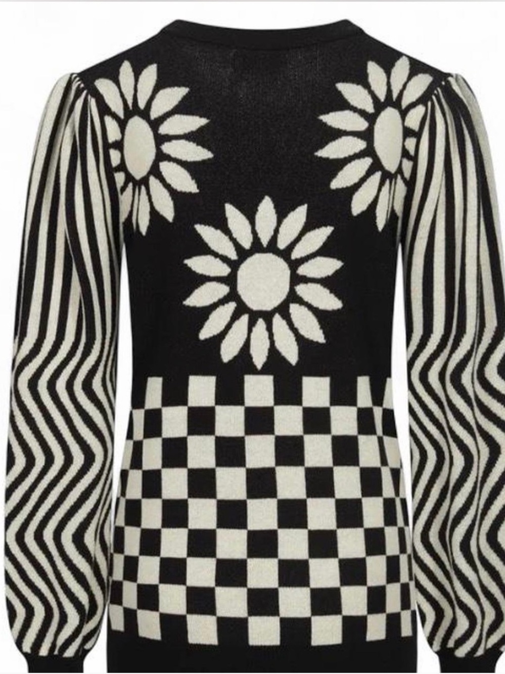 Black & Cream Floral Checker Knit Crewneck Sweater by OxKnit BNWT
